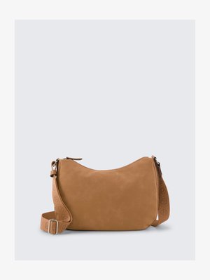 Tan leather shoulder bag with a rounded shape. Features a logo-embossed, adjustable fabric strap and a zipper closure. Smooth texture.