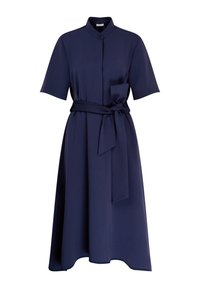 Abito blu navy con maniche corte, colletto con bottoni, tasca laterale e una cintura in tessuto abbinato legata in vita. Tessuto liscio e leggero.