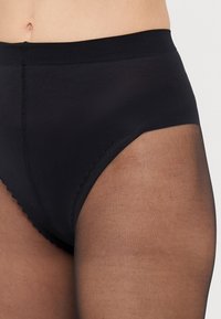 Black high-waisted underwear with a smooth waistband and transparent thigh sections, featuring a scalloped edge along the seams.