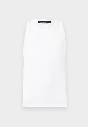 Weißes ärmelloses Ripp-Top mit rundem Ausschnitt und Karl Lagerfeld Markenlabel im Kragen, Größe Medium.