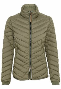 Helle olivgrüne gesteppte Jacke mit hohem Kragen, durchgehendem Reißverschluss und Seitentaschen, langen Ärmeln und gerippten Bündchen.