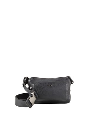 Sort læder crossbody- taske med lynlåslomme foran og justerbar stofrem med metal spænde.