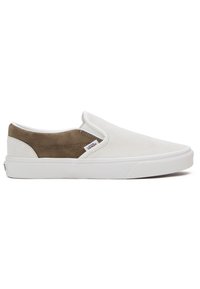 Scarpe slip-on bianche con un accento in suede marrone. Caratterizzate da una finitura liscia, punta arrotondata e una robusta suola in gomma bianca.