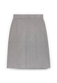 Harmaa, polvimittainen hame pehmeästä, teksturoidusta kankaasta. Ominaisuuksina siisti muotoilu, suora leikkaus ja tasainen vyötärönauha.