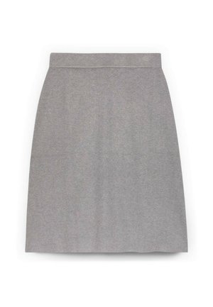 Grijze, knielange rok van een zachte, gestructureerde stof. Heeft een schone uitstraling met een rechte snit en een platte tailleband.