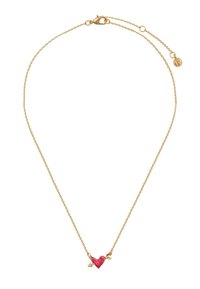 Gold chain necklace with a small red heart pendant pierced by a gold arrow at the center, featuring a lobster clasp and extender chain.