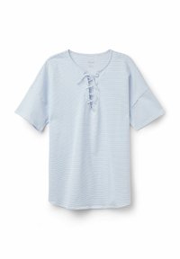 Lichtblauw gestreept T-shirt met een losse pasvorm, korte mouwen en een vetersluiting bij de hals. Glad materiaal met subtiele horizontale lijnen.