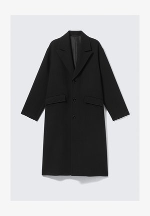 Black long wool coat with notched lapels, three front buttons, two flap pockets, and lined interior.
