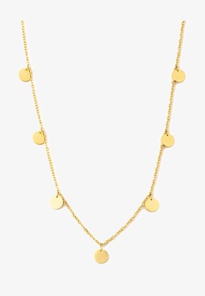 Collier chaîne en or avec de petits disques ronds en or espacés uniformément le long de sa longueur sur fond blanc.