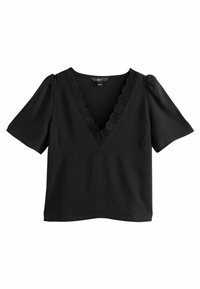 Haut noir à manches courtes avec un décolleté en V profond orné de dentelle, en tissu lisse et avec une coupe décontractée.