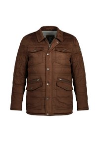 Brown padded jacket with a button-up front, four front pockets, and a collar. Features a quilted texture and metallic hardware accents.