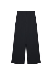 Schwarze weit geschnittene Hosen aus strukturiertem Stoff, mit vertikalen Nadelstreifen, einem taillierten Bund und ohne sichtbare Taschen oder Verzierungen.