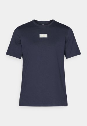 Navy blue short-sleeve t-shirt made of soft fabric, featuring a rectangular logo in light yellow on the upper chest area.