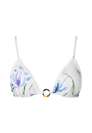 Haut de bikini blanc avec imprimé floral bleu, fines bretelles, bords volantés et détail central avec anneau en écaille de tortue.