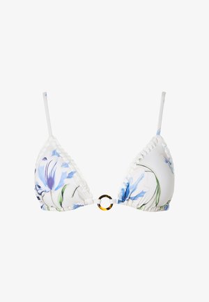 Weißes Bikini-Top mit blauem Blumenmuster, dünnen Trägern, Rüschenkante und einem zentralen Schildpatt-Ringdetail.
