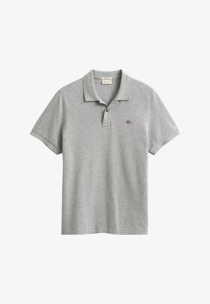 Polo grigia in cotone, con colletto classico, maniche corte e un piccolo logo ricamato sul petto a sinistra.