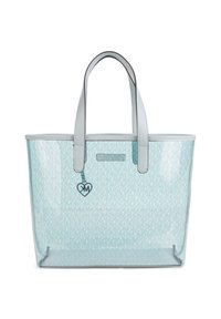 Transparent blå tote-väska med ljusgrå läderhandtag, prydd med ett mönster av vita geometriska former och ett hjärtformat charm-logotyp.