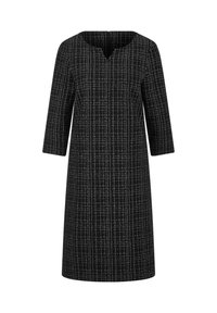 Robe noire avec un décolleté en V et des manches trois-quarts. Présente un motif texturé de lignes blanches, légèrement évasée, longueur genou.