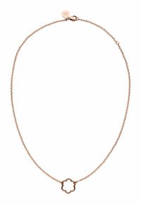 Roze gouden ketting met een delicate ketting en een bloemvormige hanger. Bevat een karabijnhaak en een klein label dat eraan is bevestigd.