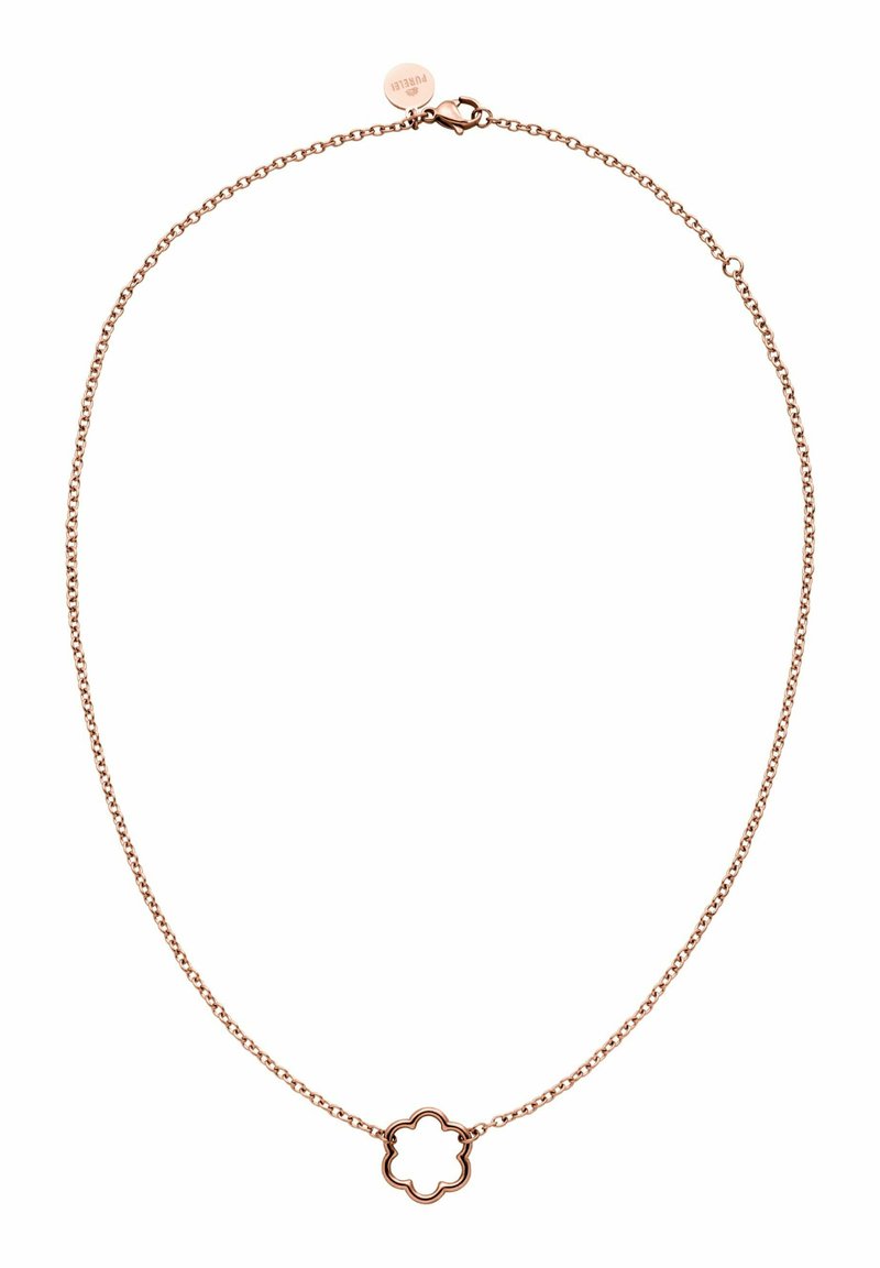 Roze gouden ketting met een delicate ketting en een bloemvormige hanger. Bevat een karabijnhaak en een klein label dat eraan is bevestigd.