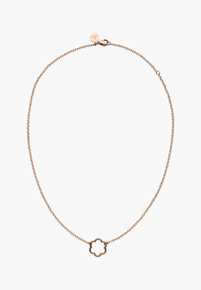 Halskette aus Roségold mit einer zarten Kette und einem blumenförmigen Anhänger. Verfügt über einen Karabinerverschluss und einen kleinen angehängten Anhänger.
