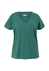 T-shirt vert à manches courtes avec col en V, couture avant visible et coupe décontractée, présenté sur fond blanc.