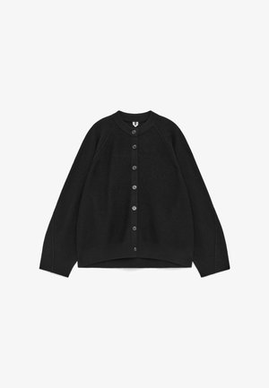 Black knitted cardigan with a round neckline, front button closure, and ribbed cuffs. Features drop shoulders and a slightly cropped hem.