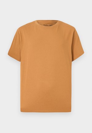 T-paita lyhyillä hihoilla, solidissa vaaleanruskeassa värissä, valmistettu pehmeästä puuvillasta. Mukana klassinen pyöreä kaula-aukko ja rento istuvuus.