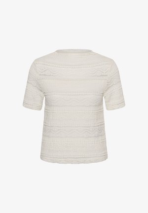 Top blanco de manga corta con tejido texturizado que presenta rayas onduladas horizontales. Cuello redondo, ajuste relajado y sin cierres ni detalles visibles.