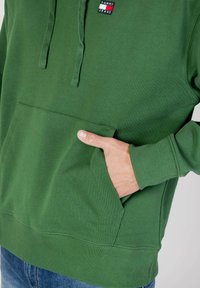 Felpa verde realizzata in tessuto misto cotone, con tasca frontale a marsupio, polsini a costine e una piccola etichetta con logo sul petto.