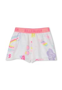 Pantaloni corti bianchi con una cintura scintillante rosa. Presentano motivi colorati, tra cui gelato, nuvole e un arcobaleno. Tessuto morbido.