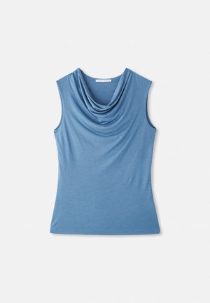 Ärmelloses Top mit Kapuze aus weichem, blauem Jersey-Stoff. Verfügt über eine lockere Passform und eine glatte Textur. Einfaches Design ohne sichtbare Muster oder Verzierungen.