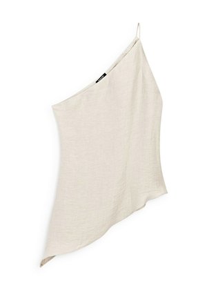 Asymetryczna beżowa lniana bluzka z cienkimi ramiączkami i miękką fakturą, z drapowanym fasonem i surowym wykończeniem.
