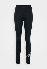 Leggings neri realizzati in un tessuto morbido ed elastico. Caratterizzati da una cintura ampia e da un logo bianco sul lato inferiore. Design aderente.