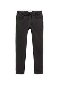 Svarta denimbyxor med elastisk midja och dragsko, med framfickor och en slim fit-design. Inga synliga mönster eller detaljer.