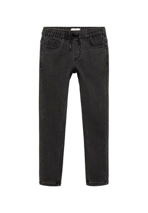 Pantalons en denim noir avec une taille élastique et un cordon de serrage, dotés de poches avant et d'une coupe slim. Pas de motifs ni d'accents visibles.