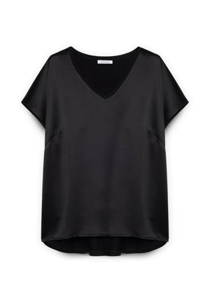 Blouse en satin noire à manches courtes et col en V, avec un ourlet légèrement arrondi et une coupe décontractée, présentée sur un fond blanc.