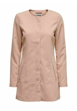 Jas damski w jasnoróżowym kolorze, z długimi rękawami, długość do kolan, z okrągłym dekoltem i ukrytym zapięciem na przodzie, posiadający dwie boczne kieszenie.