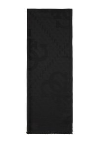 Écharpe noire avec un motif texturé et un logo discret. Les bords sont frangés, ajoutant du détail à la texture globalement lisse.