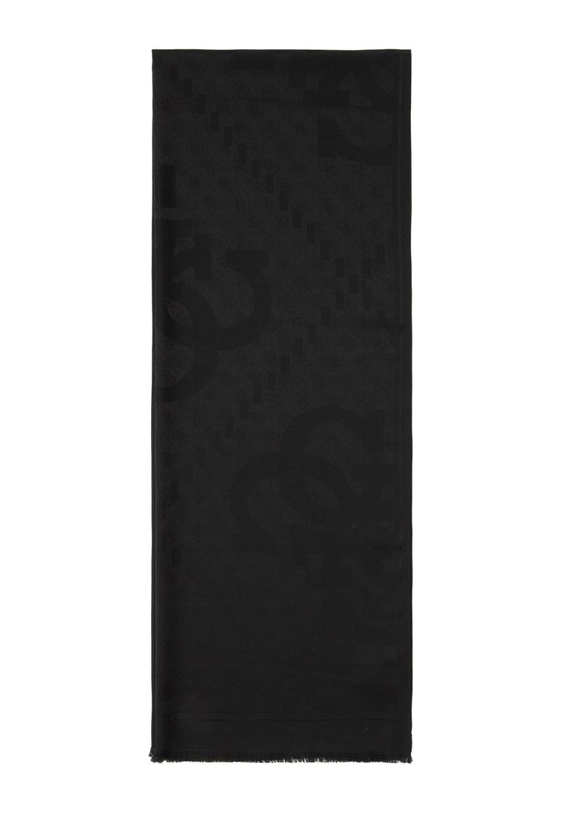 Écharpe noire avec un motif texturé et un logo discret. Les bords sont frangés, ajoutant du détail à la texture globalement lisse.
