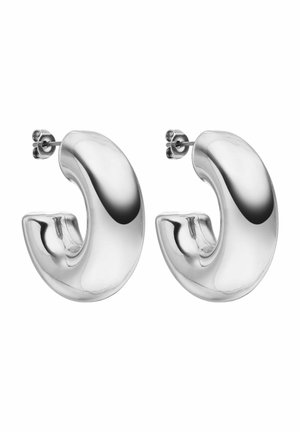 Silberfarbene Creolen mit einem glatten, geschwungenen Design, ausgestattet mit einer polierten Oberfläche und einem Steckverschluss.