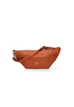 Orange leather bag with a structured shape, adjustable strap, and silver hardware. Features a logo on the front and smooth texture.