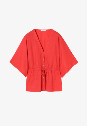 Rdeča lahka srajca z golo prsnico, kratkimi rokavi, nastavljivim pasom z vrvico in lesenimi gumbi.