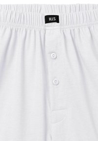 White elastic waistband boxer shorts with two white buttons and black "H.I.S" brand tag at center front.
