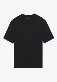 Black short-sleeve T-shirt made of cotton. Features a crew neck and relaxed fit. Label on the neck reads "YOURTURN." Minimalist design.