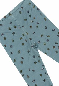 Leggings per bambini in morbido cotone blu chiaro, con un motivo di insetti ripetuto in vari colori. Vita elastica per una vestibilità comoda.