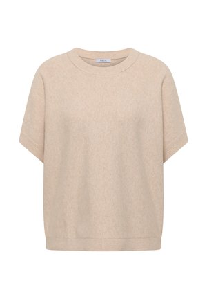Beige strikket sweater med korte ærmer, ribbet rund halsudskæring, ærmekanter og kant forneden, med mærket "CECIL" indeni kraven.