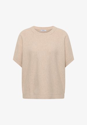 Béžový krátký rukáv pletený svetr s žebrovaným kulatým límcem, okraji rukávů a lemem, s nápisem "CECIL" uvnitř límce.