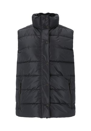 Polstret vest i mørkegrå med høj krave, frontknapper og to lynlåslommer foran. Glat tekstur og quiltet design.