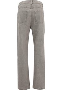 Jean denim gris à jambe droite vu de dos avec deux poches arrière et passants de ceinture à la taille.